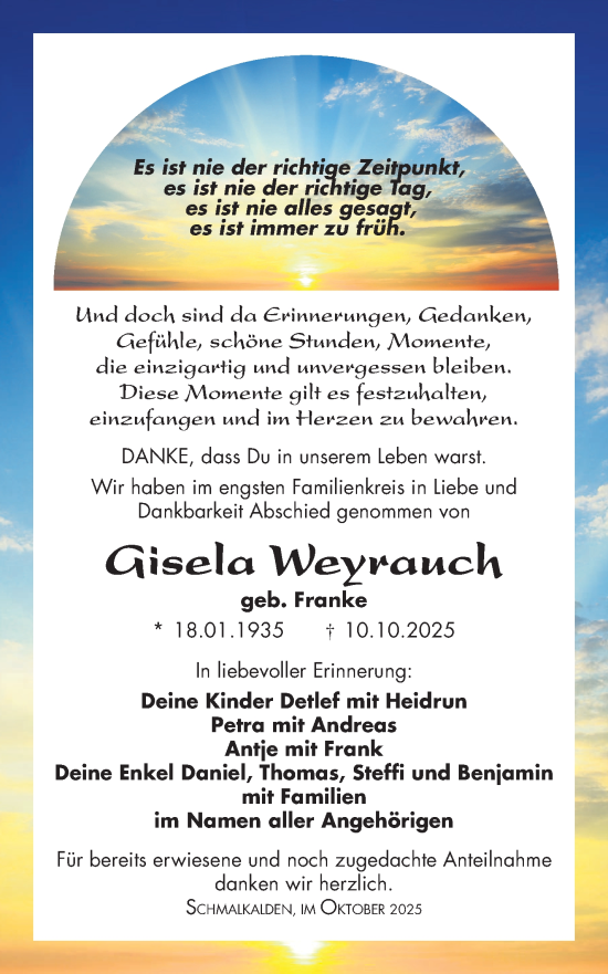 Traueranzeige von Gisela Weyrauch von Südthüringer Presse