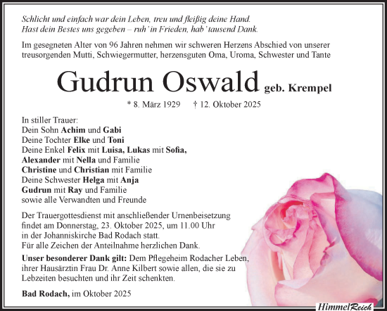 Traueranzeige von Gudrun Oswald von Neue Presse Coburg