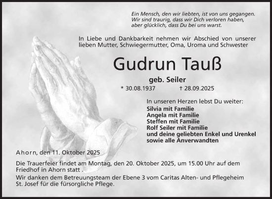 Traueranzeige von Gudrun Tauß von Neue Presse Coburg