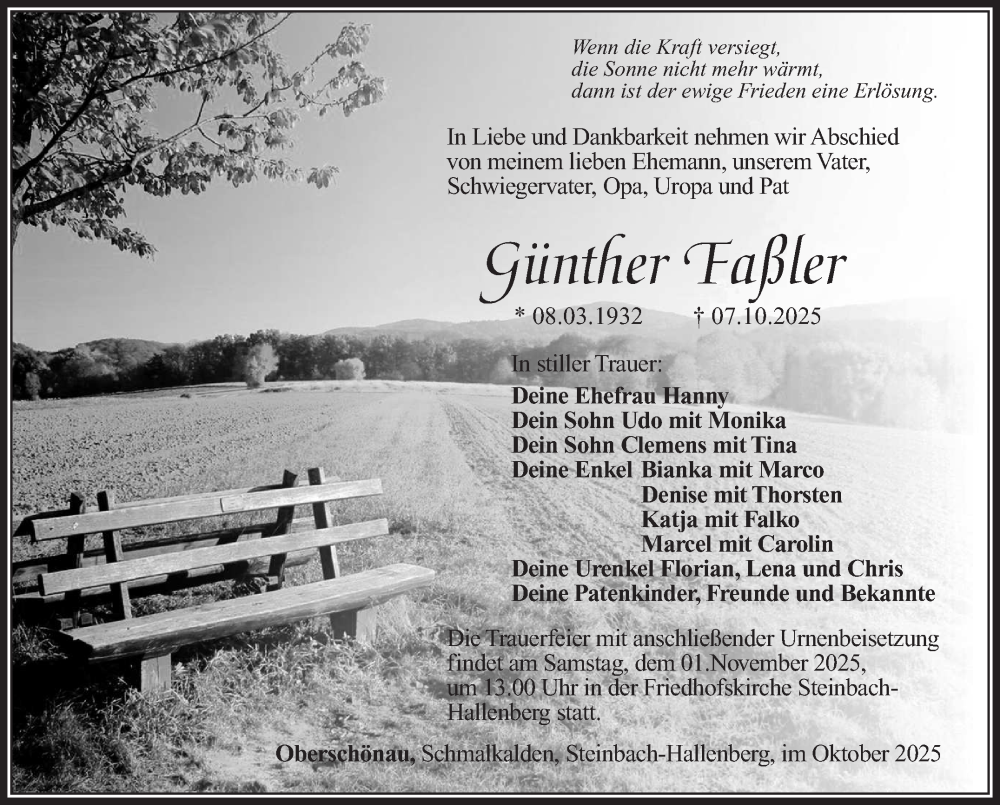  Traueranzeige für Günther Faßler vom 25.10.2025 aus Südthüringer Presse