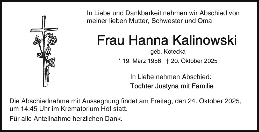  Traueranzeige für Hanna Kalinowski vom 24.10.2025 aus Frankenpost