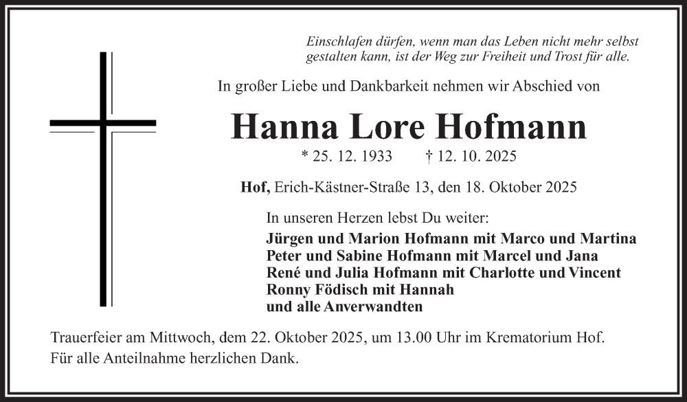  Traueranzeige für Hanna Lore Hofmann vom 18.10.2025 aus Frankenpost