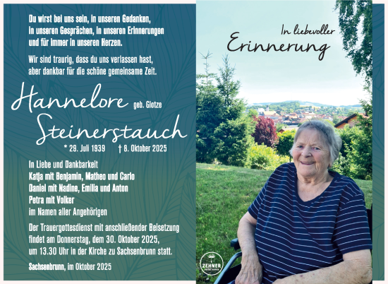 Traueranzeige von Hannelore Steinerstauch von Südthüringer Presse