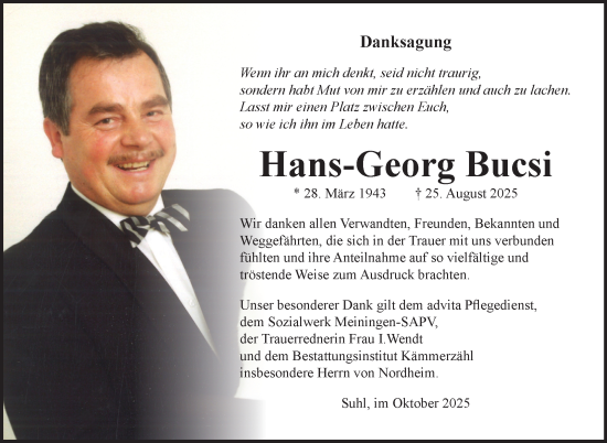 Traueranzeige von Hans-Georg Bucsi von Südthüringer Presse