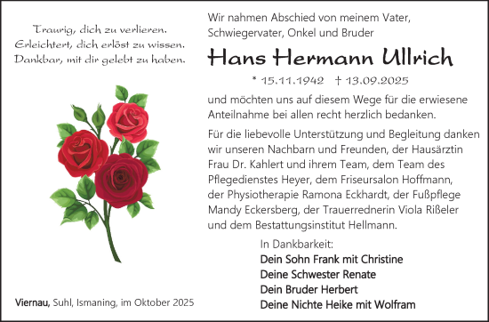 Traueranzeige von Hans Hermann Ullrich von Südthüringer Presse