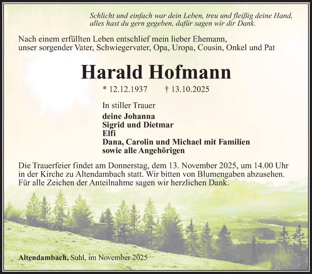  Traueranzeige für Harald Hofmann vom 01.11.2025 aus Südthüringer Presse