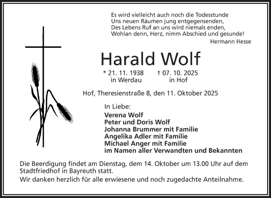 Traueranzeige von Harald Wolf von Frankenpost