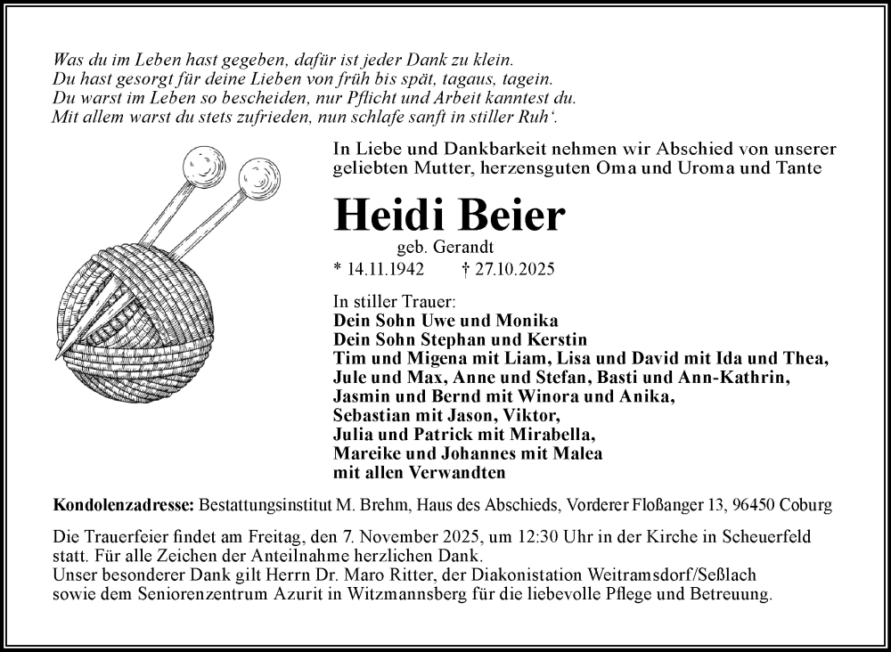  Traueranzeige für Heidi Beier vom 31.10.2025 aus Neue Presse Coburg