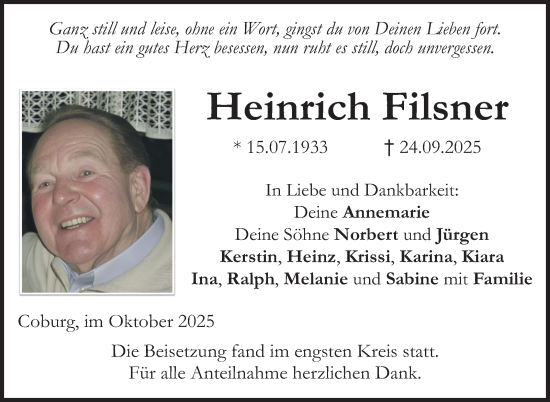 Traueranzeige von Heinrich Filsner von Neue Presse Coburg