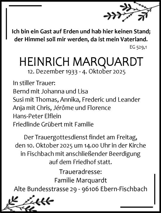 Traueranzeige von Heinrich Marquardt von Neue Presse Coburg