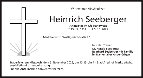Traueranzeige von Heinrich Seeberger von Frankenpost