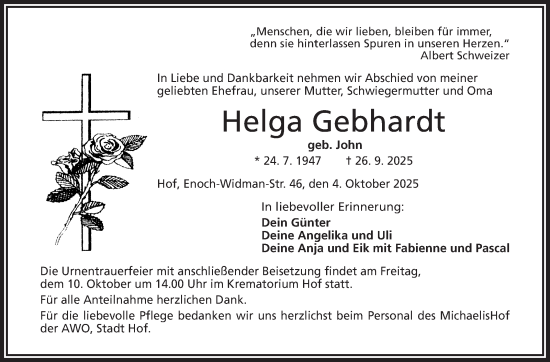 Traueranzeige von Helga Gebhardt von Frankenpost