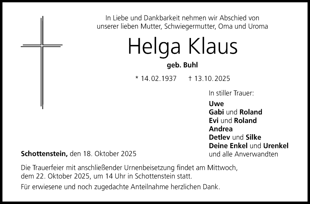  Traueranzeige für Helga Klaus vom 18.10.2025 aus Neue Presse Coburg
