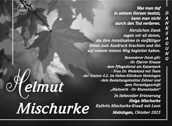 Traueranzeige von Helmut Mischurke von Südthüringer Presse