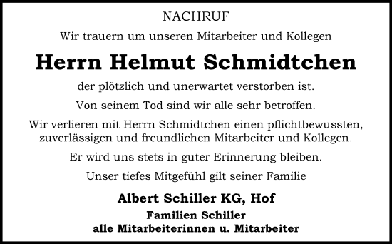 Traueranzeige von Helmut Schmidtchen von Frankenpost
