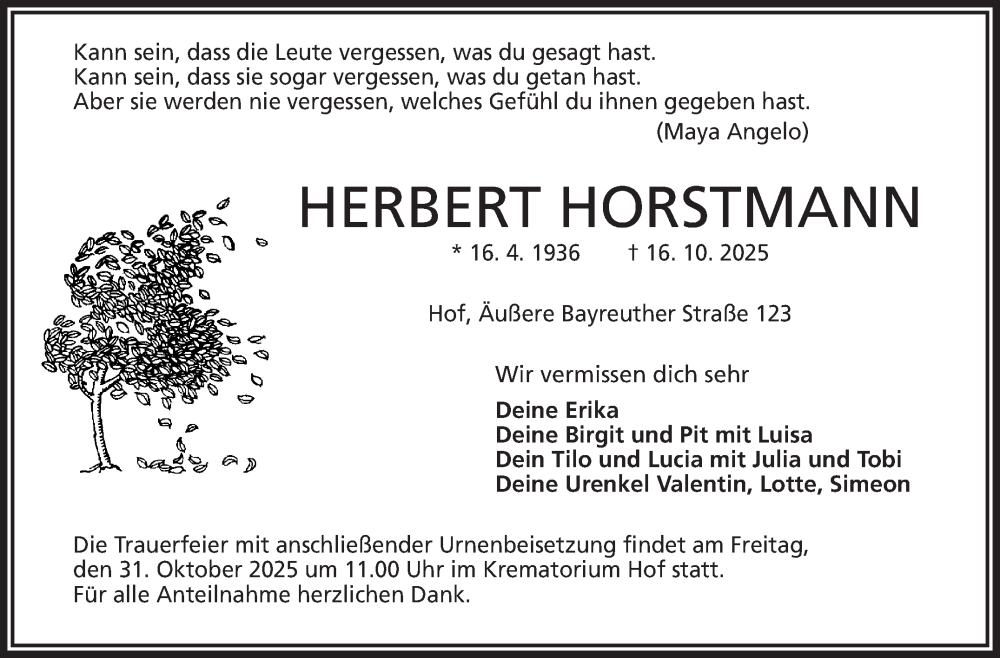 Traueranzeige für Herbert Horstmann vom 25.10.2025 aus Frankenpost
