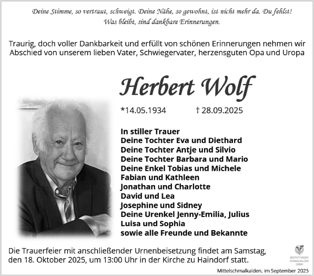 Traueranzeige für Herbert Wolf vom 11.10.2025 aus Südthüringer Presse
