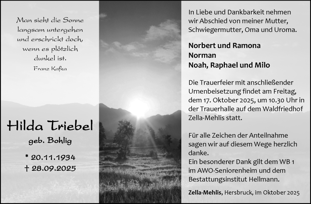  Traueranzeige für Hilda Triebel vom 11.10.2025 aus Südthüringer Presse