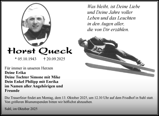 Traueranzeige von Horst Queck von Südthüringer Presse