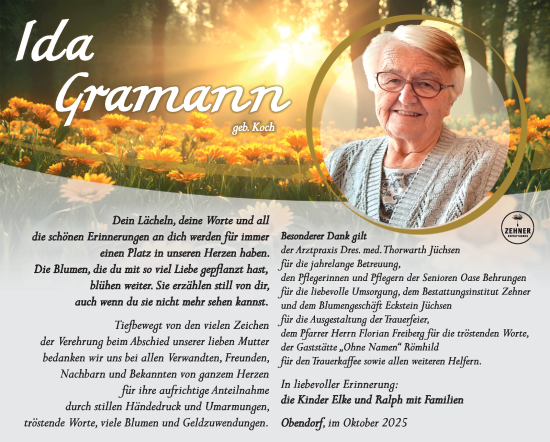 Traueranzeige von Ida Gramann von Südthüringer Presse