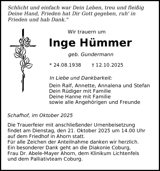 Traueranzeige von Inge Hümmer von Neue Presse Coburg