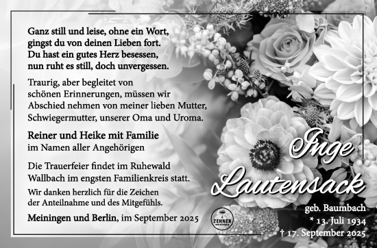 Traueranzeige von Inge Lautensack von Südthüringer Presse