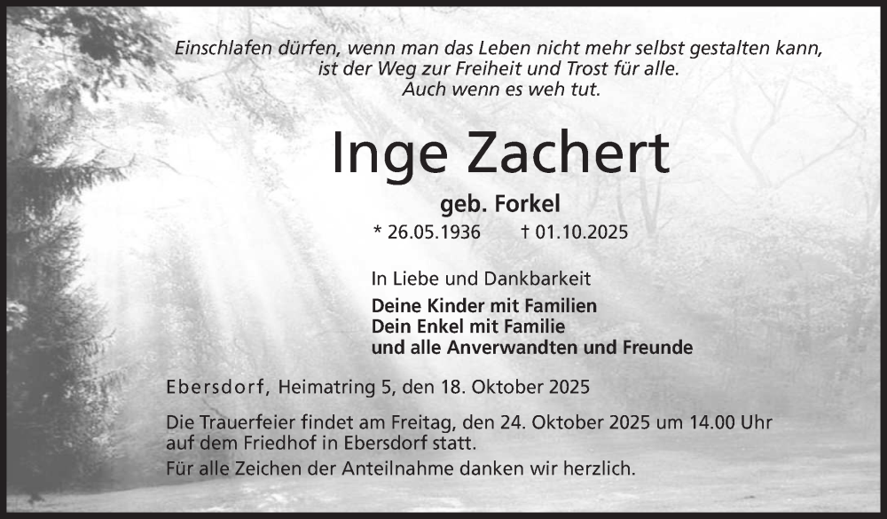  Traueranzeige für Inge Zachert vom 18.10.2025 aus Neue Presse Coburg