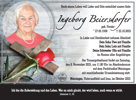 Traueranzeige von Ingeborg Beiersdorfer von Südthüringer Presse