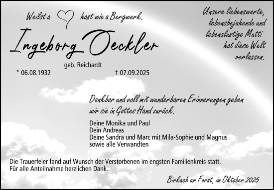Traueranzeige von Ingeborg Oeckler von Neue Presse Coburg