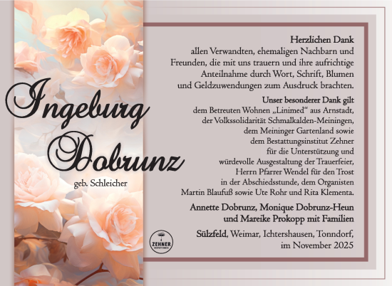 Traueranzeige von Ingeburg Dobrunz von Südthüringer Presse