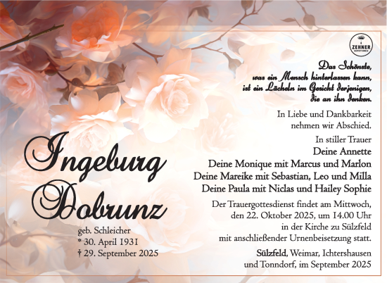Traueranzeige von Ingeburg Dobrunz von Südthüringer Presse