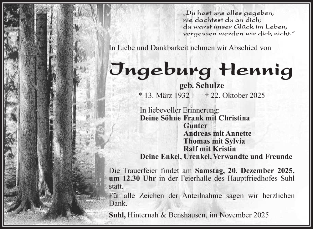  Traueranzeige für Ingeburg Hennig vom 01.11.2025 aus Südthüringer Presse