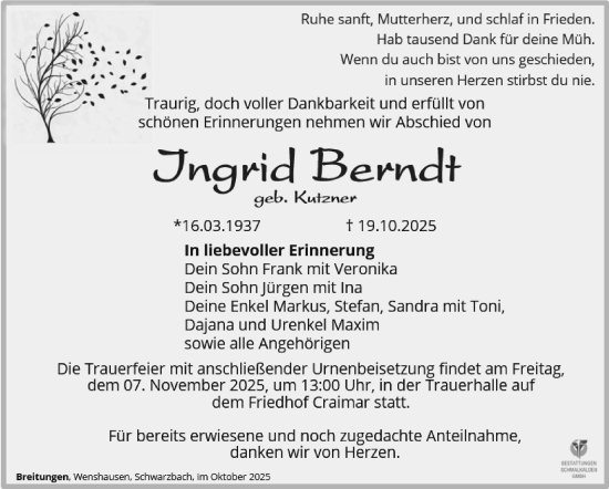 Traueranzeige von Ingrid Berndt von Südthüringer Presse