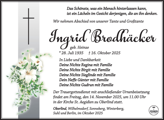 Traueranzeige von Ingrid Brodhäcker von Südthüringer Presse