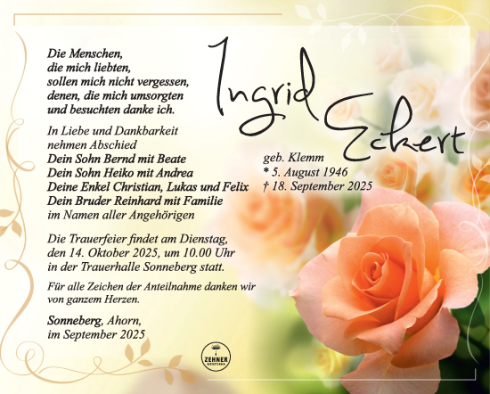 Traueranzeige von Inrid Eckert von Südthüringer Presse