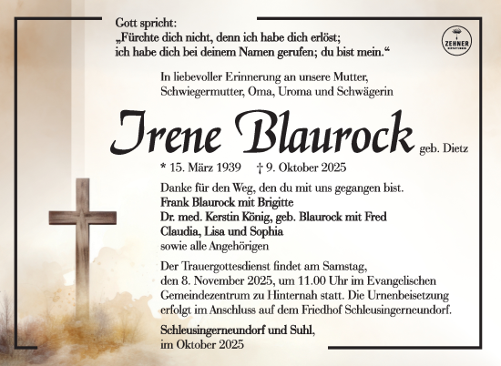Traueranzeige von Irene Blaurock von Südthüringer Presse