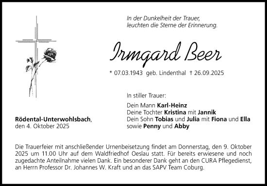 Traueranzeige von Irmgard Beer von Neue Presse Coburg