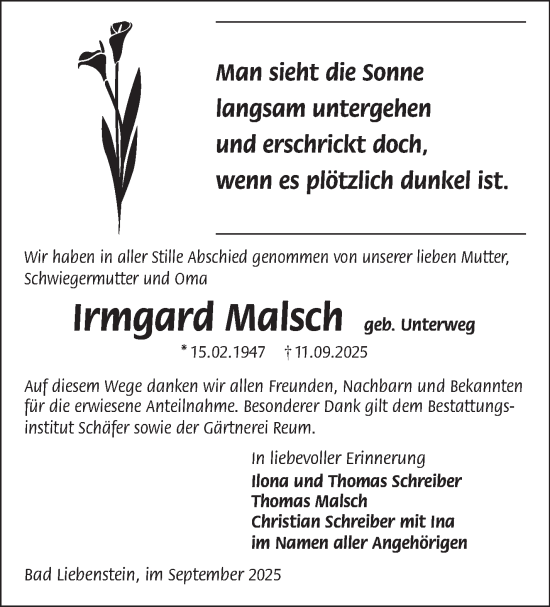 Traueranzeige von Irmgard Malsch von Südthüringer Presse