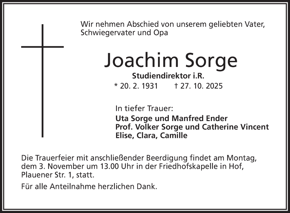  Traueranzeige für Joachim Sorge vom 31.10.2025 aus Frankenpost