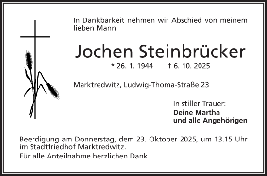 Traueranzeige von Jochen Steinbrücker von Frankenpost
