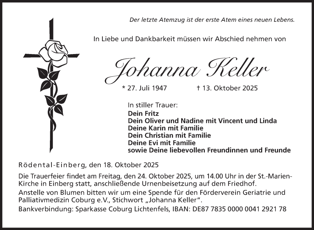  Traueranzeige für Johanna Keller vom 18.10.2025 aus Neue Presse Coburg