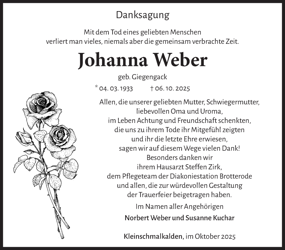  Traueranzeige für Johanna Weber vom 23.10.2025 aus Südthüringer Presse