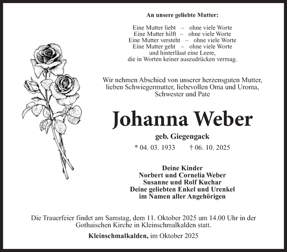  Traueranzeige für Johanna Weber vom 09.10.2025 aus Südthüringer Presse