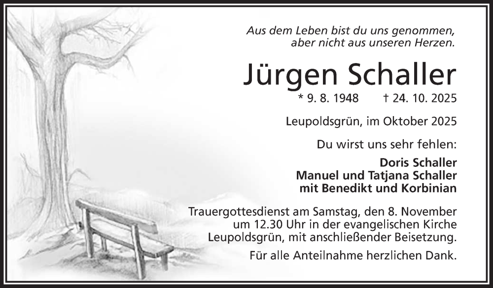  Traueranzeige für Jürgen Schaller vom 31.10.2025 aus Frankenpost