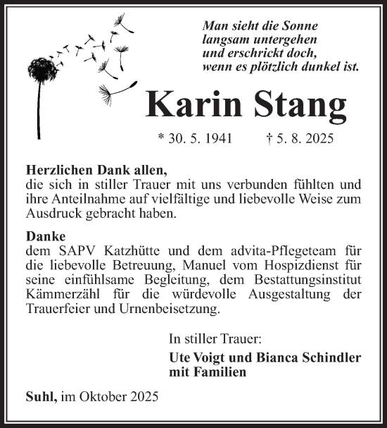 Traueranzeige von Karin Stang von Südthüringer Presse
