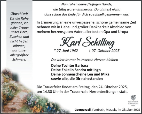Traueranzeige von Karl Schilling von Südthüringer Presse