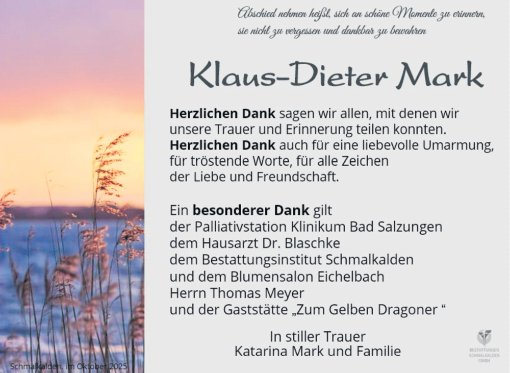  Traueranzeige für Klaus-Dieter Mark vom 25.10.2025 aus Südthüringer Presse