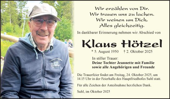 Traueranzeige von Klaus Hötzel von Südthüringer Presse