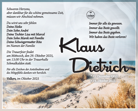 Traueranzeige von Klaus-Jürgen Dietrich von Südthüringer Presse