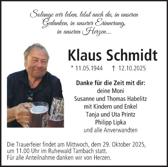 Traueranzeige von Klaus Schmidt von Neue Presse Coburg